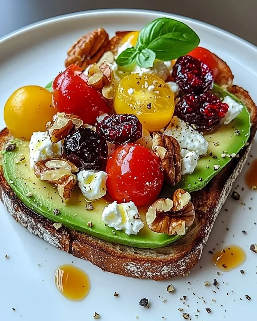 Avocado Toast with Feta Cheese, Cherry Tomatoes, Cranberries, and Walnuts