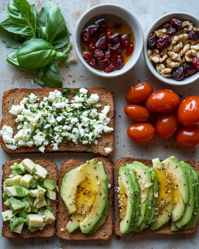 Avocado Toast with Feta Cheese, Cherry Tomatoes, Cranberries, and Walnuts
