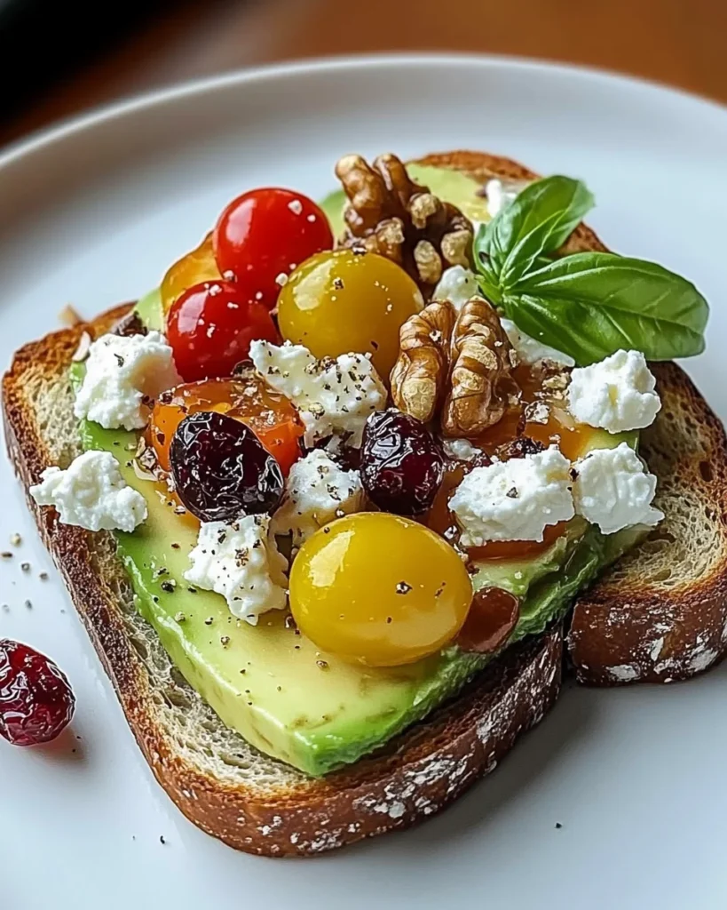 Avocado Toast with Feta Cheese, Cherry Tomatoes, Cranberries, and Walnuts