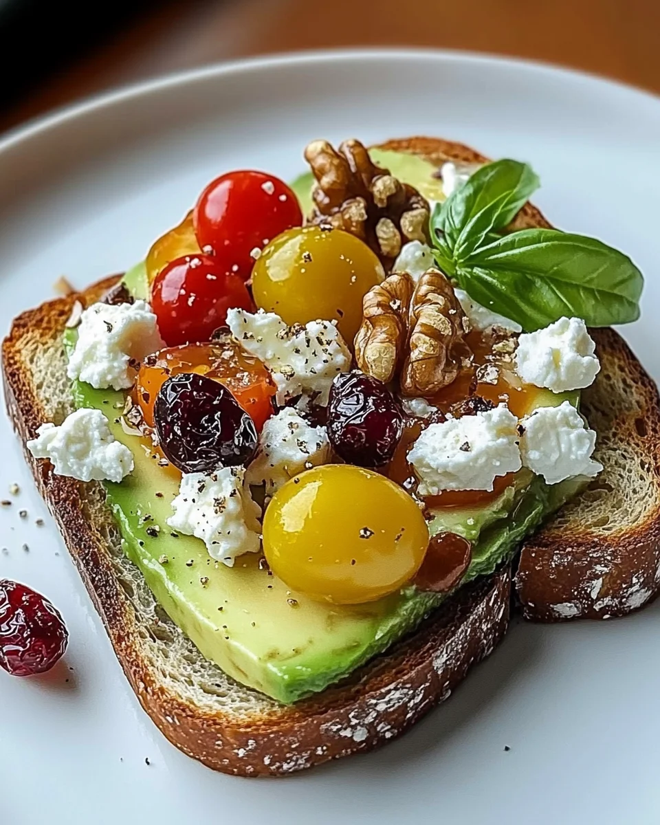 Avocado Toast with Feta Cheese, Cherry Tomatoes, Cranberries, and Walnuts