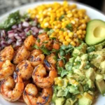 Grilled Shrimp Bowl with Avocado, Corn Salsa & Creamy Sauce
