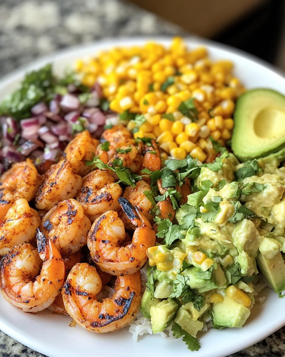 Grilled Shrimp Bowl with Avocado, Corn Salsa & Creamy Sauce