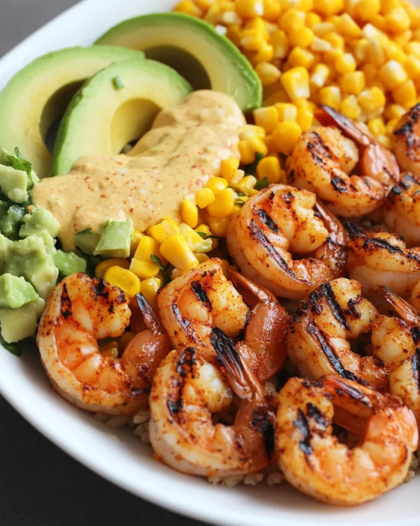 Grilled Shrimp Bowl with Avocado, Corn Salsa & Creamy Sauce