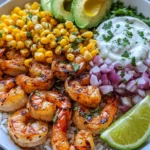 Grilled Shrimp Bowl with Avocado Corn Salsa and Creamy Sauce