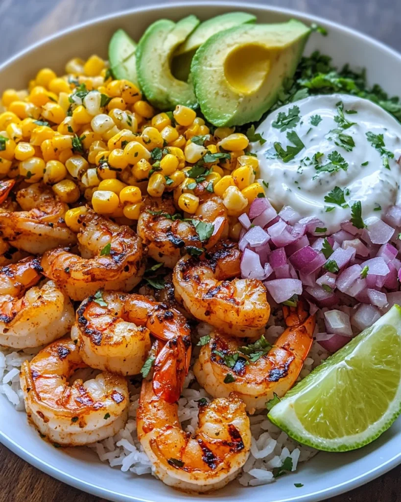 Grilled Shrimp Bowl with Avocado Corn Salsa and Creamy Sauce