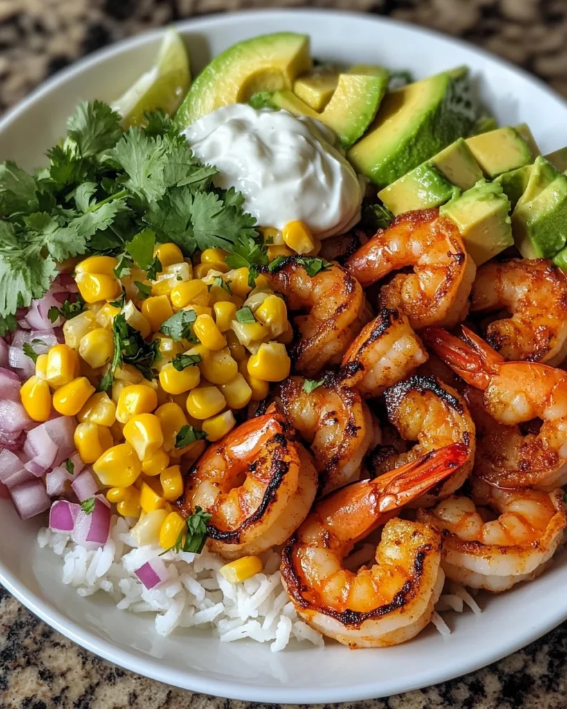 Grilled Shrimp Bowl with Avocado Corn Salsa and Creamy Sauce