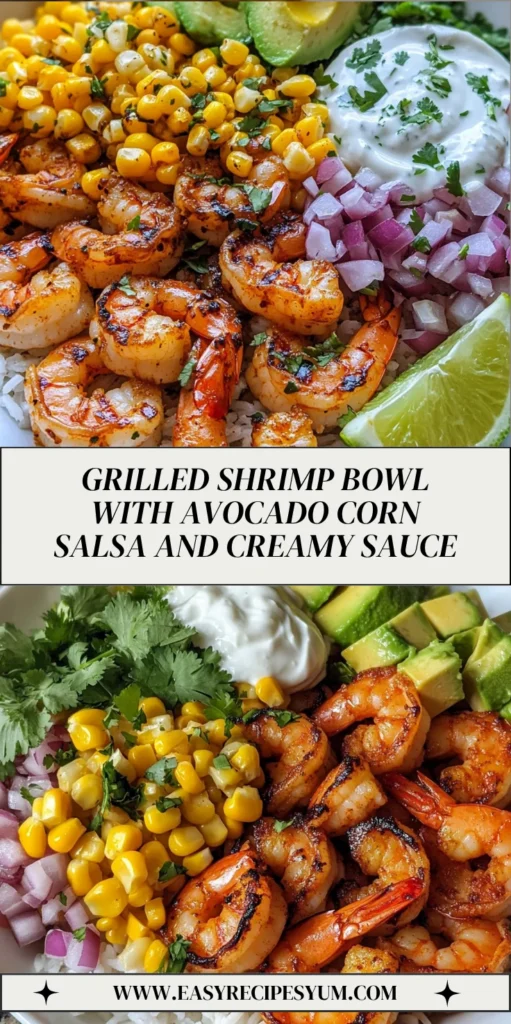 Grilled Shrimp Bowl with Avocado Corn Salsa and Creamy Sauce