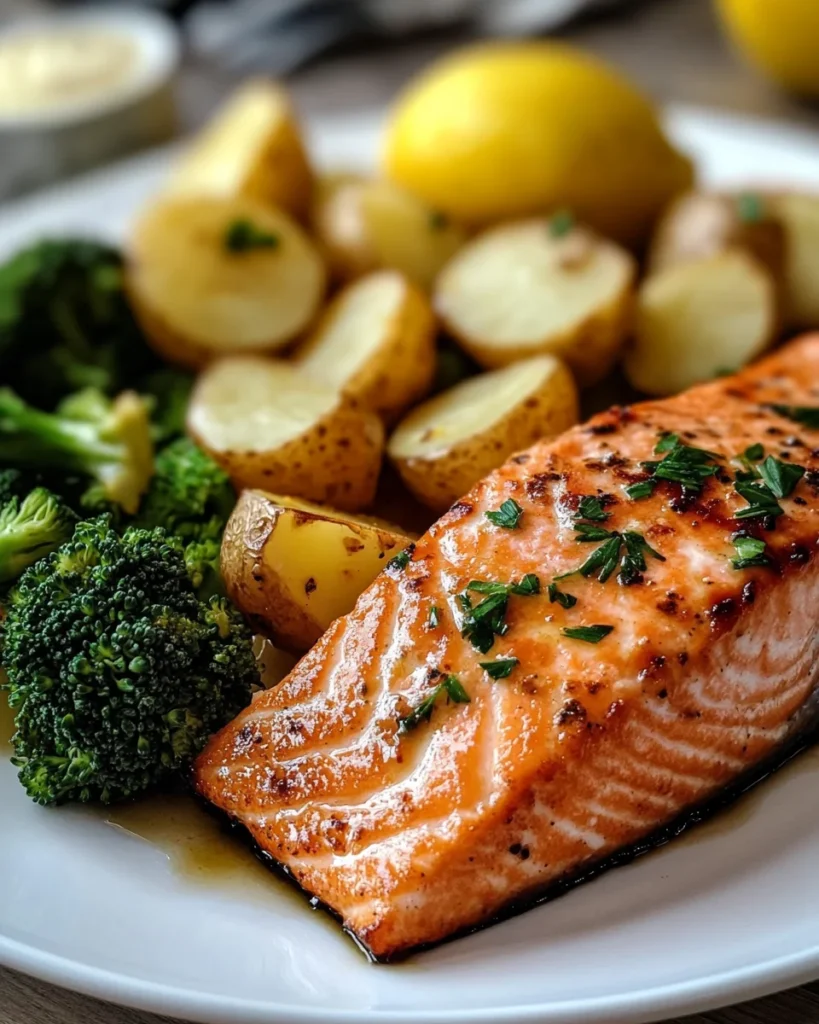 Lemon Butter Salmon with Crispy Potatoes and Broccoli