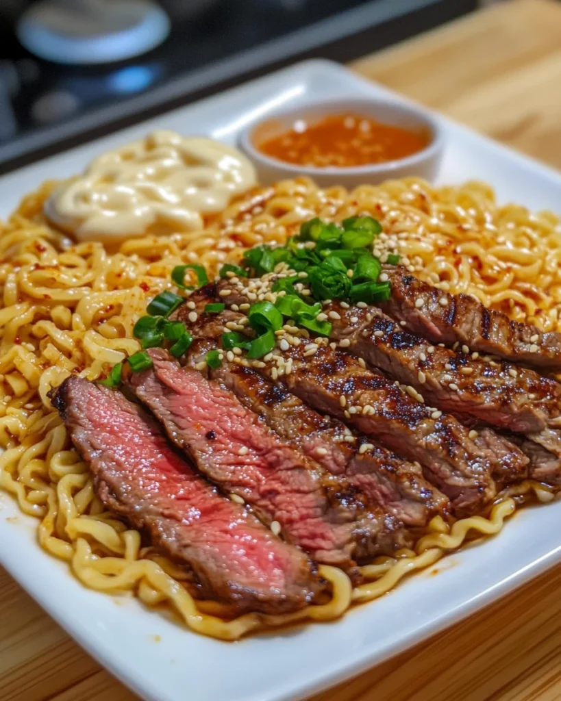 Spicy Korean Ramen with Grilled Beef & Creamy Sauce