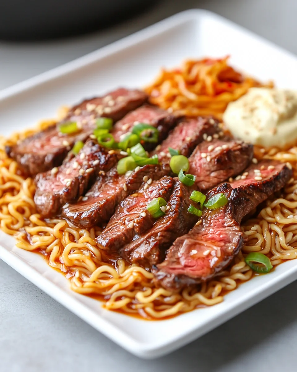Spicy Korean Ramen with Grilled Beef & Creamy Sauce