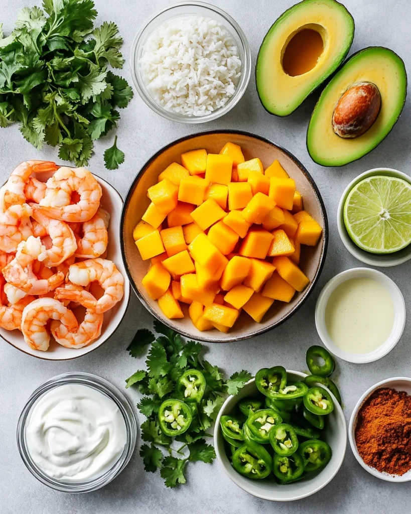 SHRIMP AND AVOCADO BOWLS WITH MANGO SALSA & LIME-CHILI