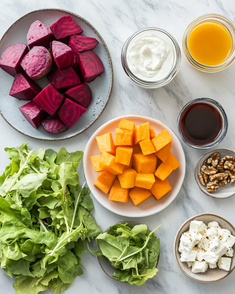 Creamy Roasted Beet, Sweet Potato, and Feta Salad