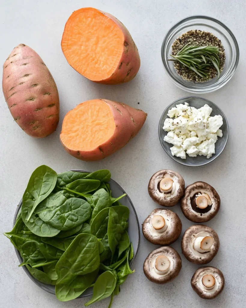 STUFFED SWEET POTATOES WITH SPINACH, MUSHROOM, FETA, AND ROSEMARY