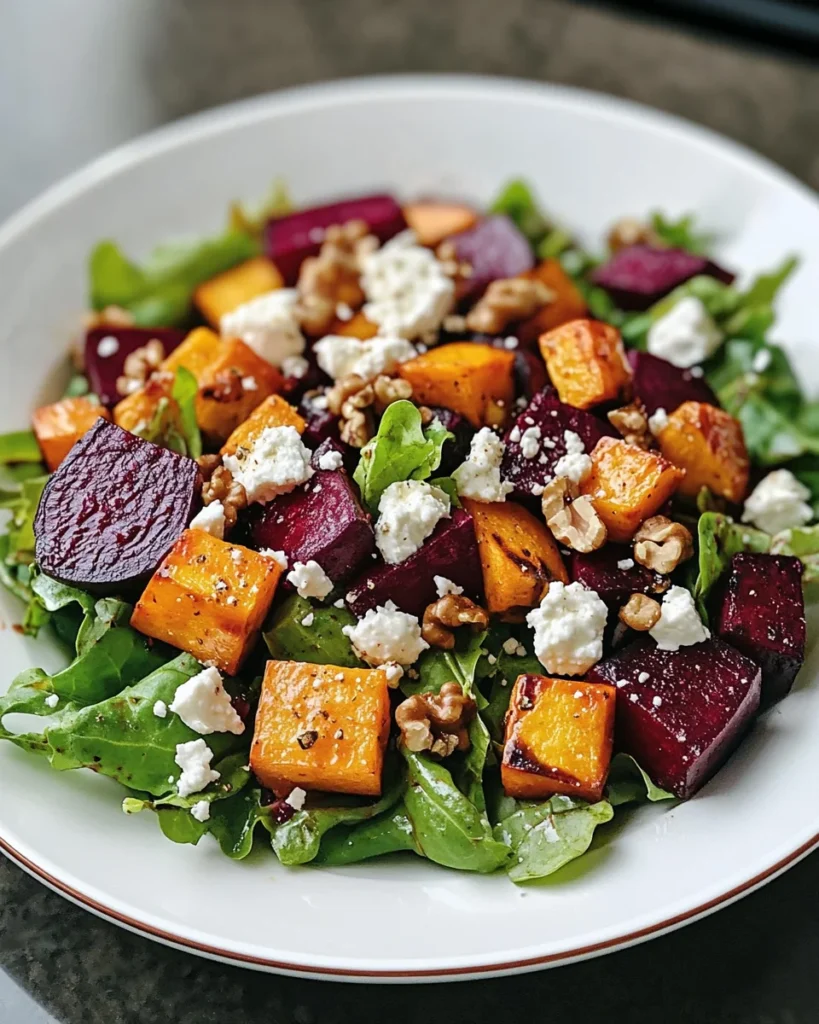 Creamy Roasted Beet, Sweet Potato, and Feta Salad