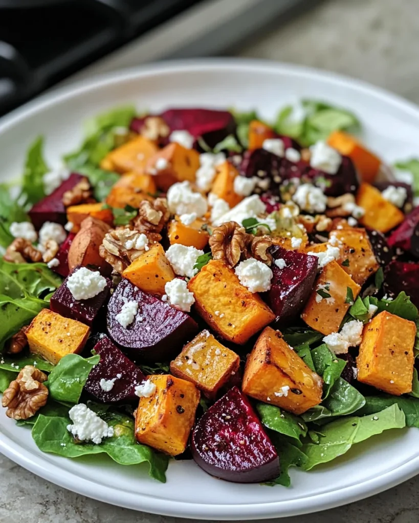 Creamy Roasted Beet, Sweet Potato, and Feta Salad
