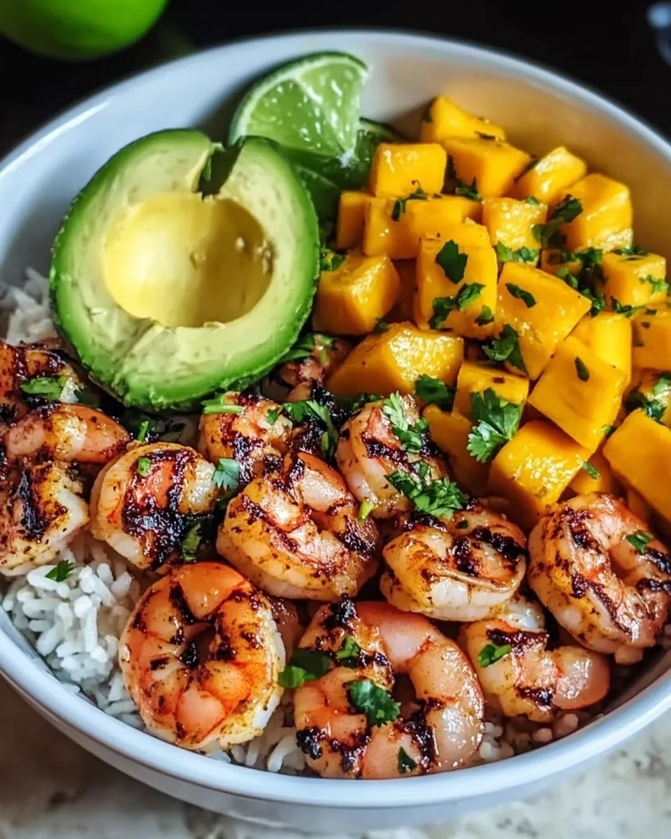 SHRIMP AND AVOCADO BOWLS WITH MANGO SALSA & LIME-CHILI