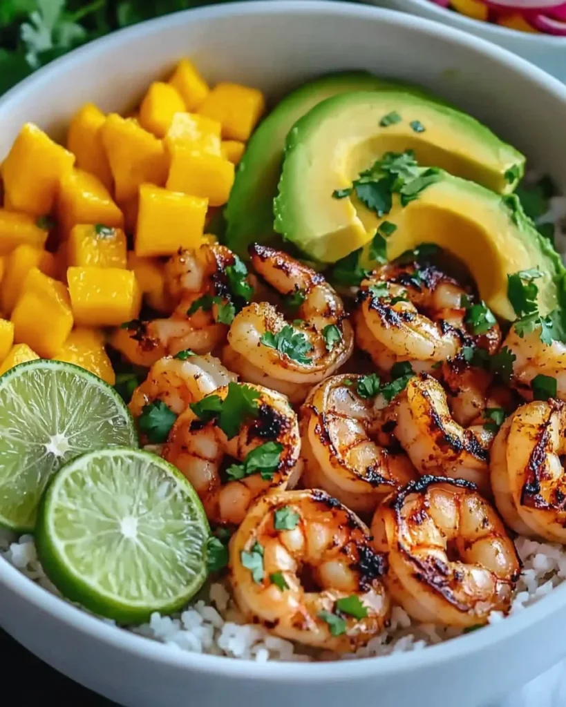 SHRIMP AND AVOCADO BOWLS WITH MANGO SALSA & LIME-CHILI