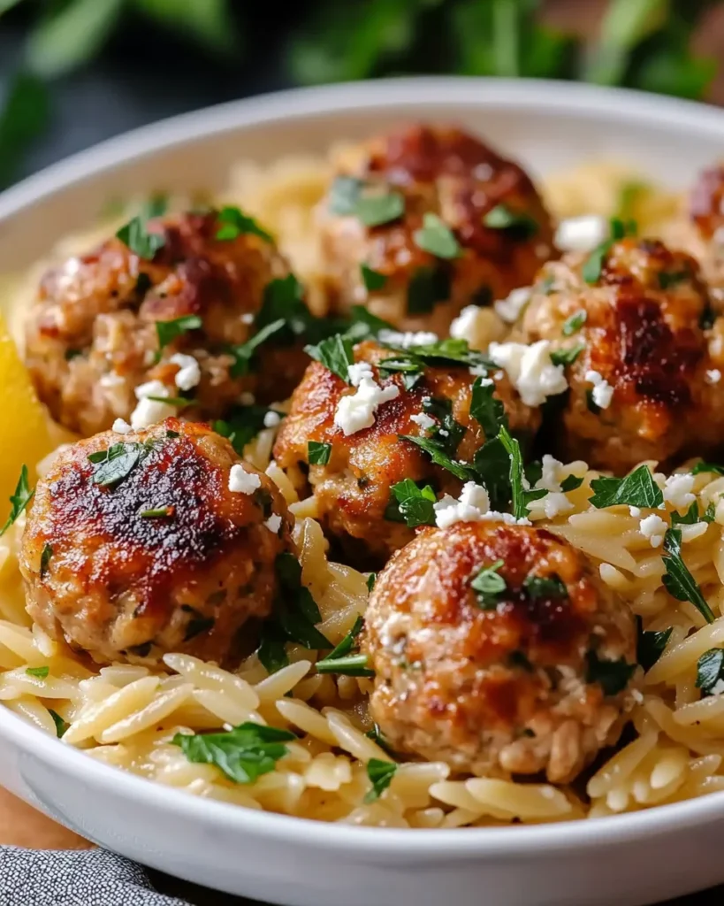Greek Chicken Meatballs with Lemon Orzo