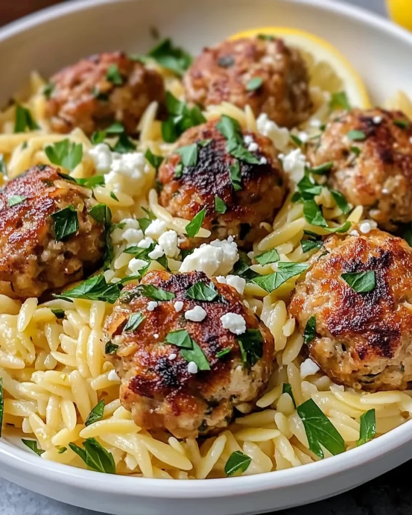 Greek Chicken Meatballs with Lemon Orzo