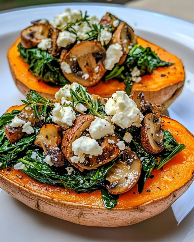 STUFFED SWEET POTATOES WITH SPINACH, MUSHROOM, FETA, AND ROSEMARY