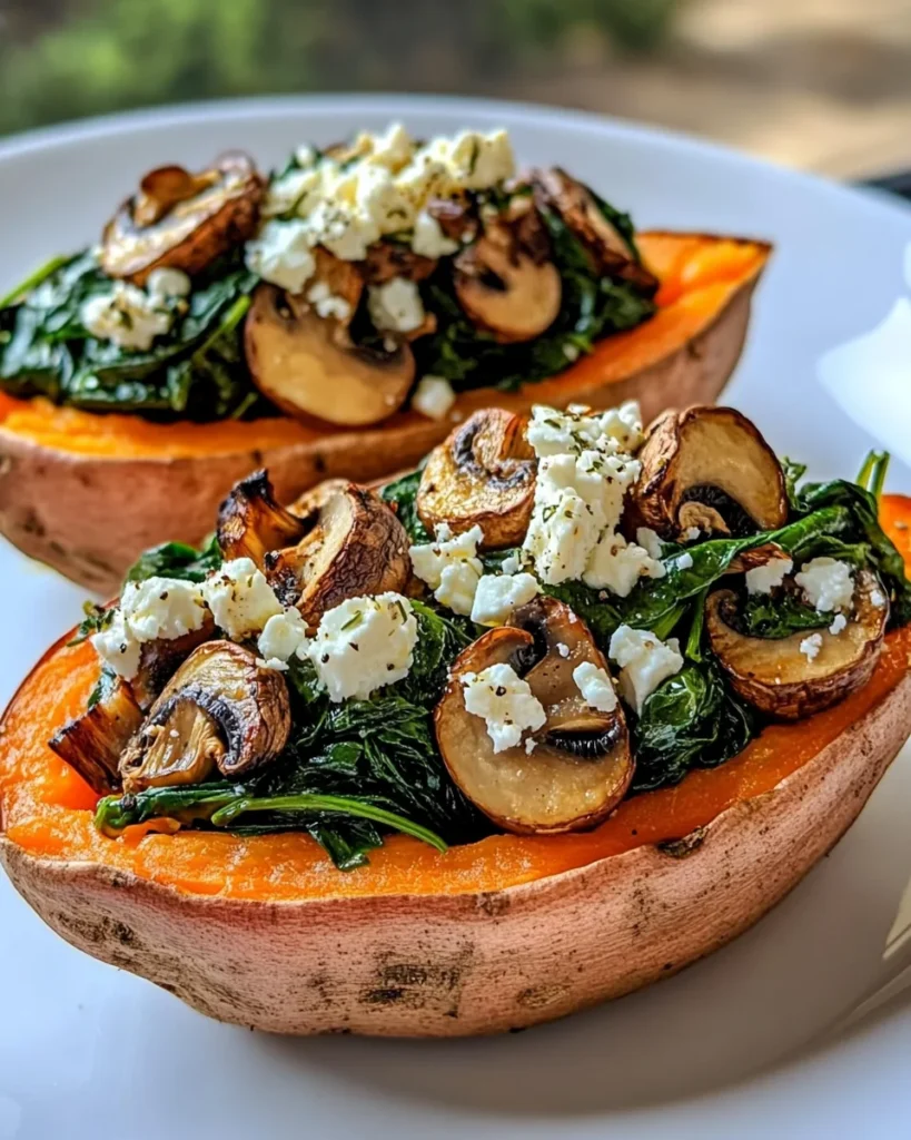 STUFFED SWEET POTATOES WITH SPINACH, MUSHROOM, FETA, AND ROSEMARY
