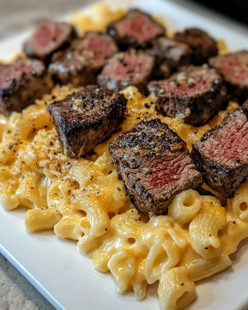 Steak Bites with Mac N Cheese