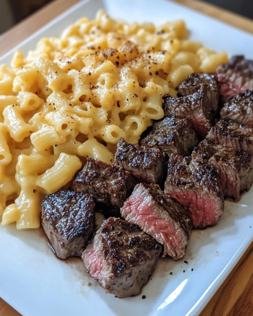Steak Bites with Mac N Cheese