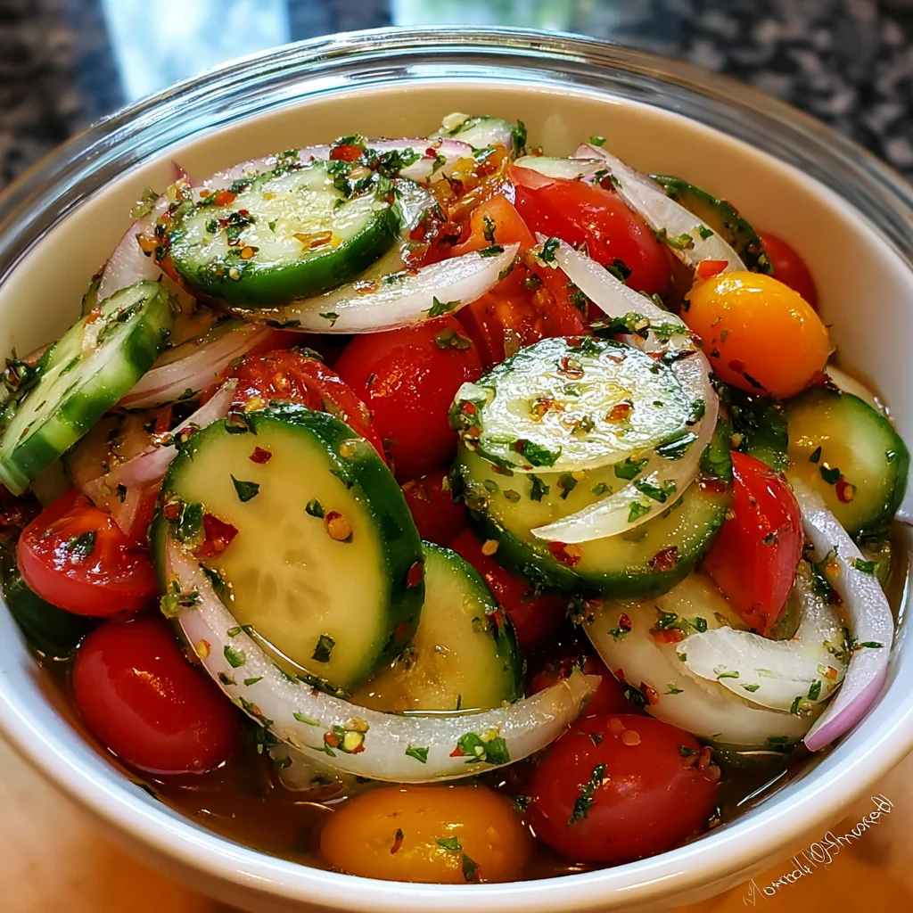 Marinated Cucumbers, Onions, and Tomatoes for Refreshing Flavor!