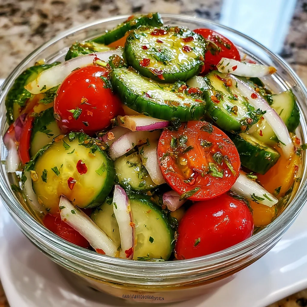 Marinated Cucumbers, Onions, and Tomatoes for Refreshing Flavor!