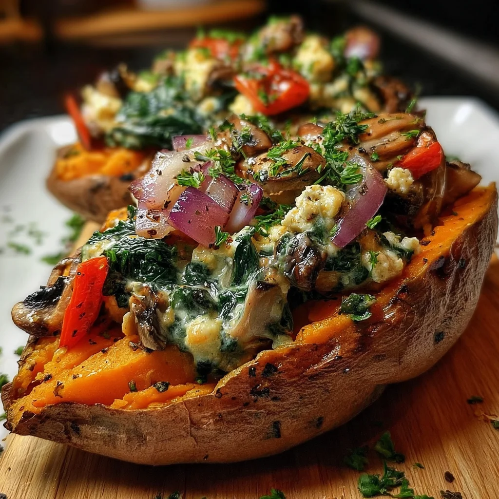 Stuffed Sweet Potatoes with Spinach, Mushroom, Feta & Lemon Tahini: A Flavorful Delight!