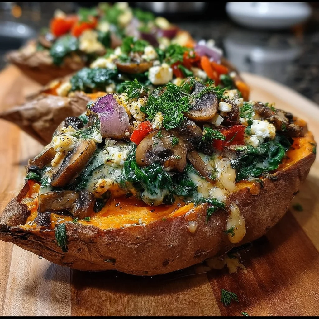 Stuffed Sweet Potatoes with Spinach, Mushroom, Feta & Lemon Tahini: A Flavorful Delight!