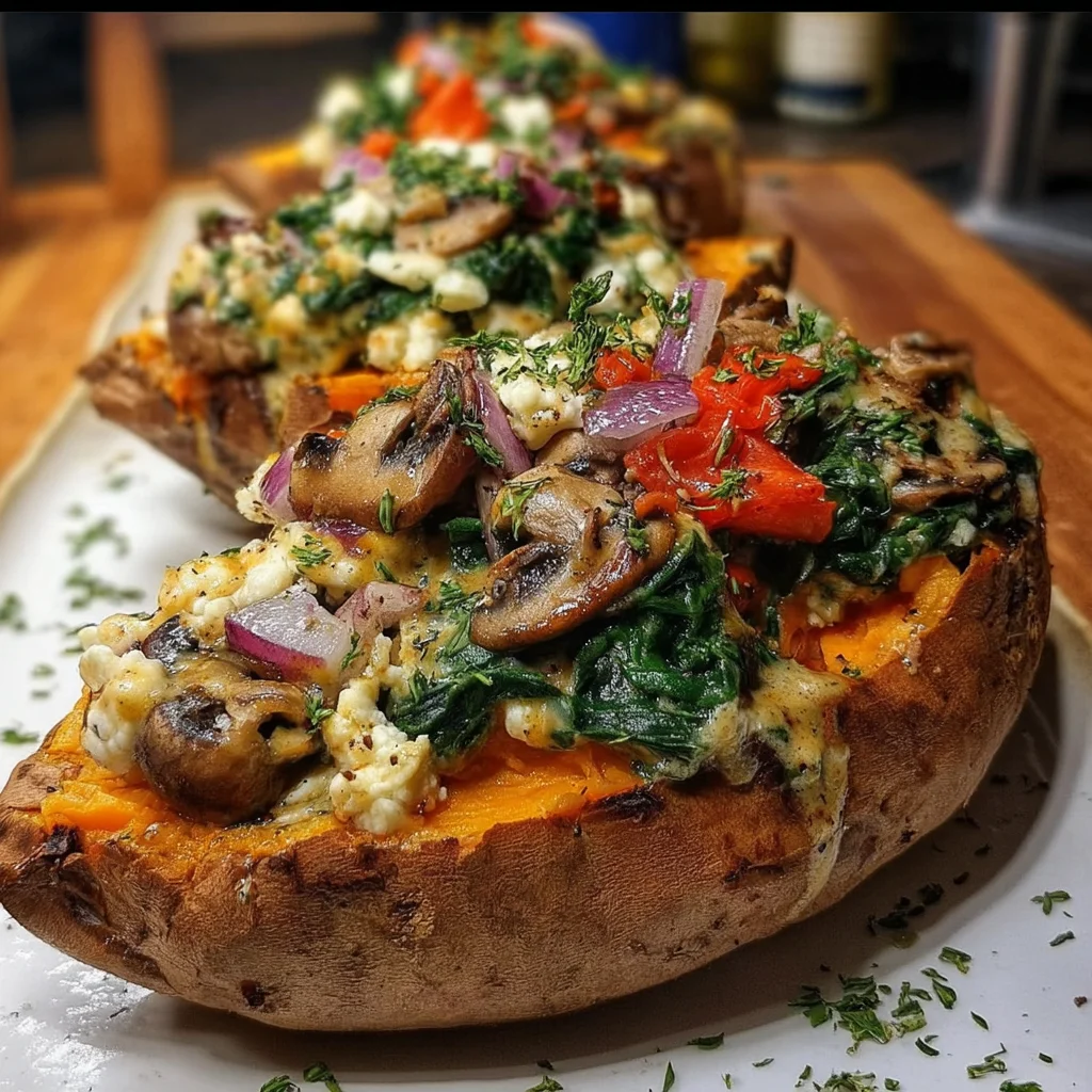 Stuffed Sweet Potatoes with Spinach, Mushroom, Feta & Lemon Tahini: A Flavorful Delight!