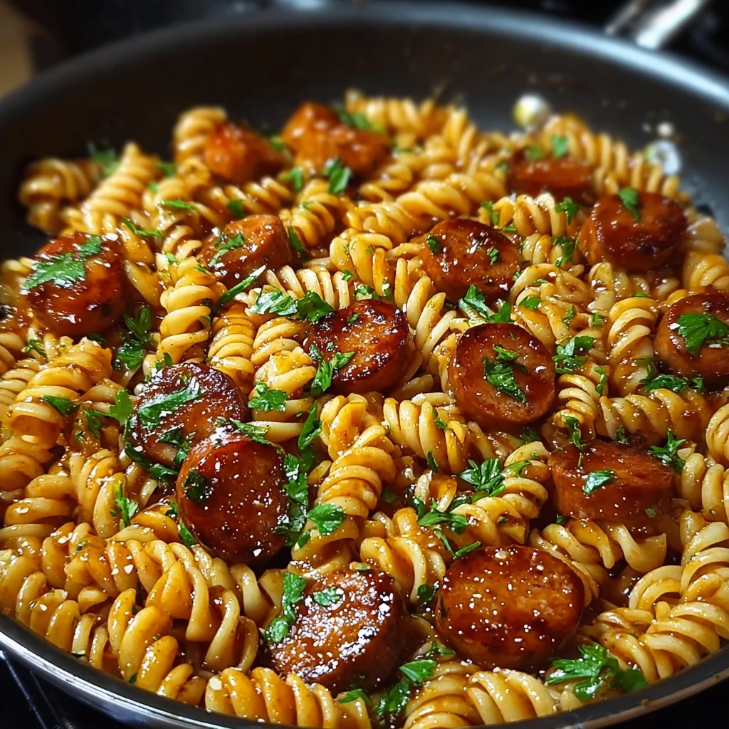 One-Skillet Spicy Honey BBQ Sausage & Pasta is Irresistible!