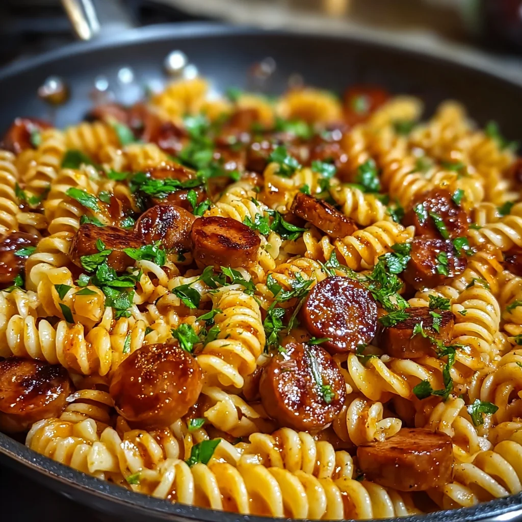 One-Skillet Spicy Honey BBQ Sausage & Pasta is Irresistible!