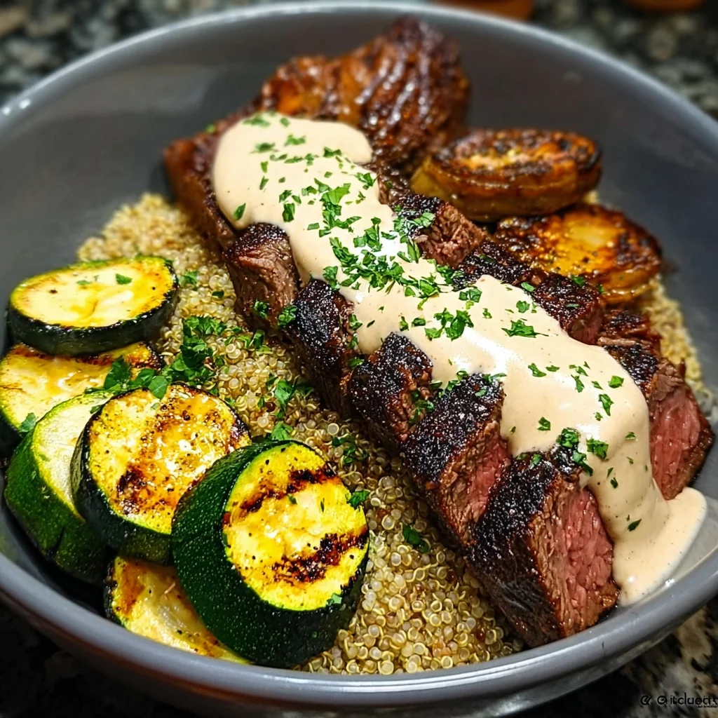 Grilled Steak Bowl with Creamy Sauce & Grilled Zucchini that Excites Your Taste Buds!