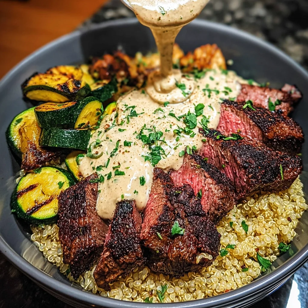 Grilled Steak Bowl with Creamy Sauce & Grilled Zucchini that Excites Your Taste Buds!