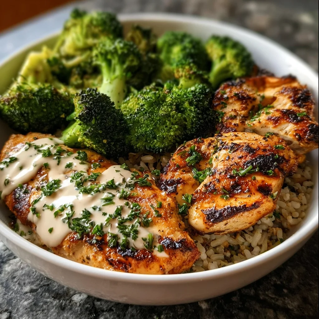 Grilled Chicken & Broccoli Bowls with Creamy Garlic Sauce: A Delicious Meal!
