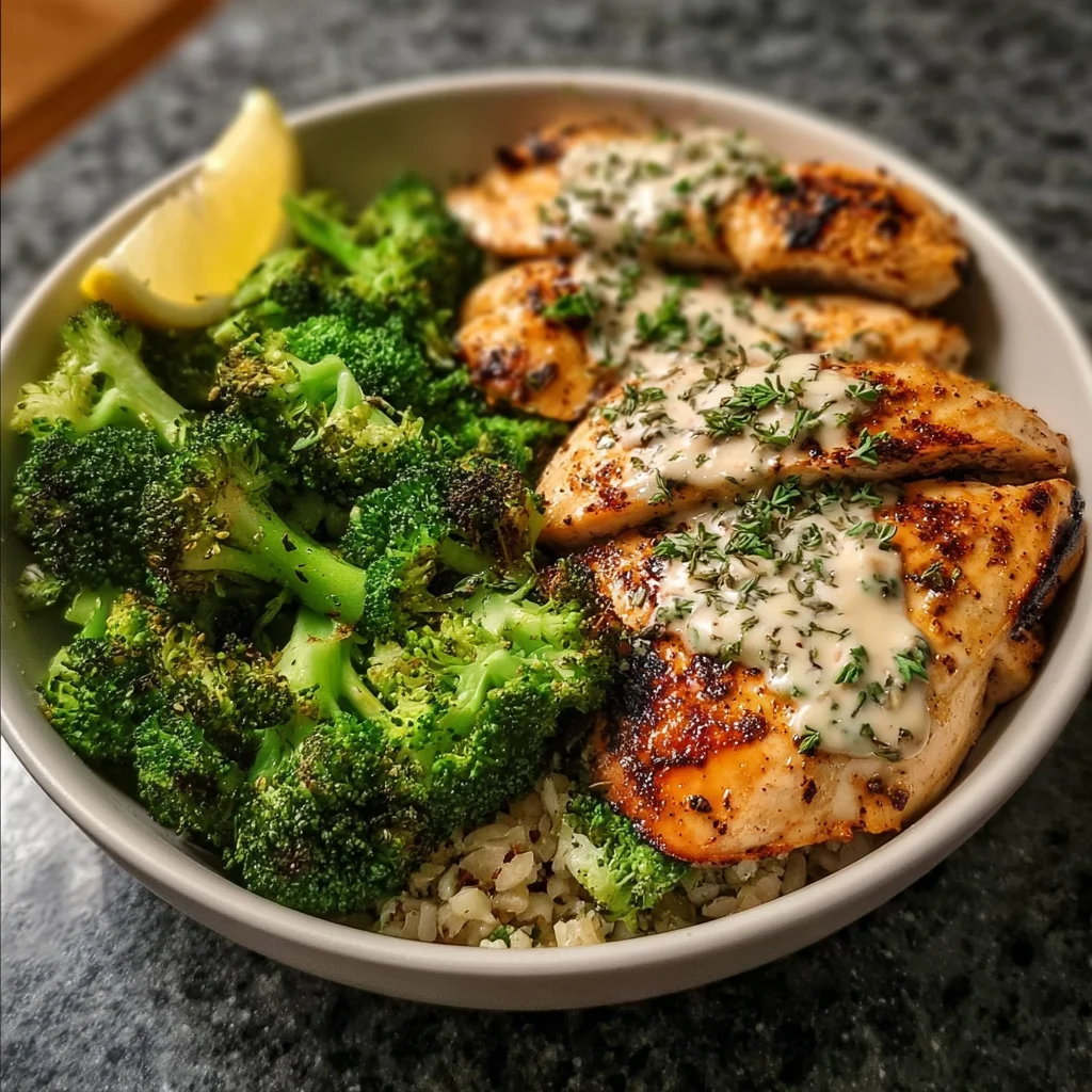 Grilled Chicken & Broccoli Bowls with Creamy Garlic Sauce: A Delicious Meal!