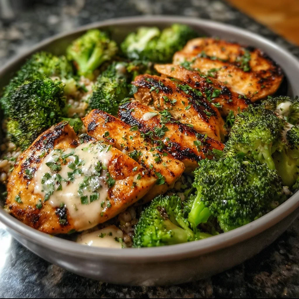Grilled Chicken & Broccoli Bowls with Creamy Garlic Sauce: A Delicious Meal!
