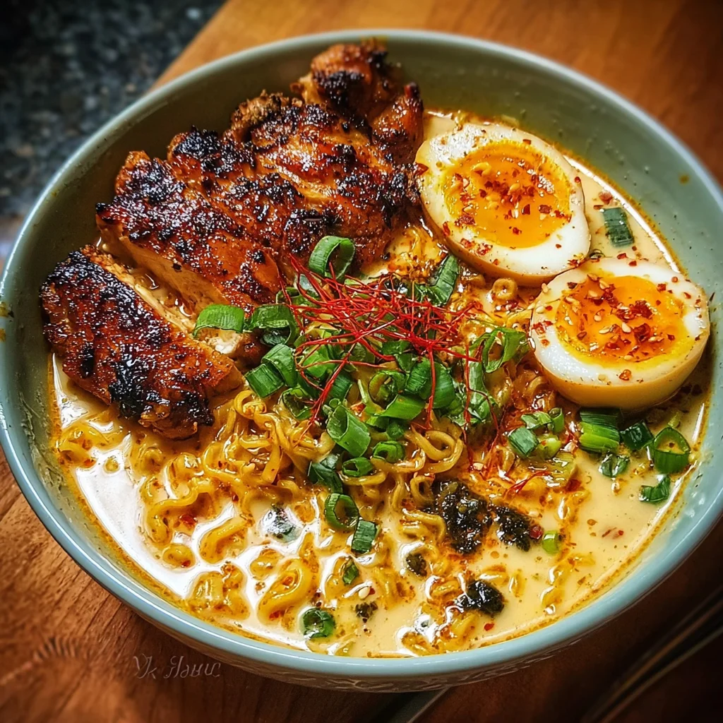 Fiery Chicken Ramen with Creamy Garlic Sauce delights your taste buds!