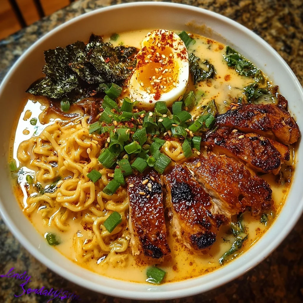 Fiery Chicken Ramen with Creamy Garlic Sauce delights your taste buds!