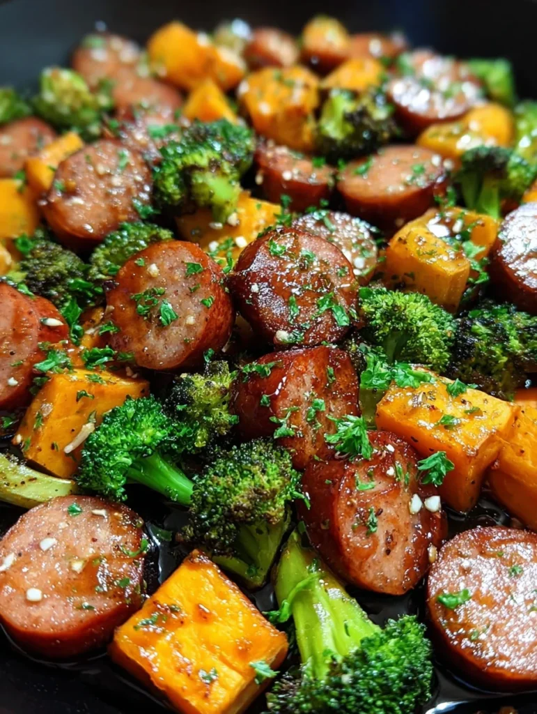 Sheet pan sausage and sweet potatoes with honey garlic sauce