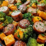 Sheet pan sausage and sweet potatoes with honey garlic sauce