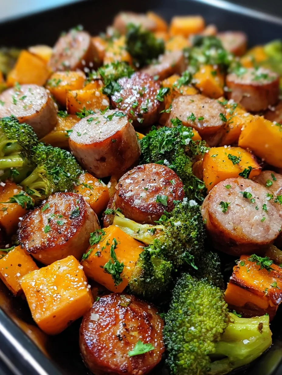 Sheet pan sausage and sweet potatoes with honey garlic sauce
