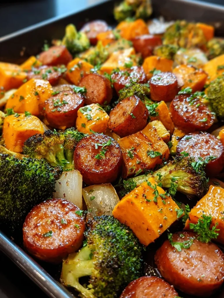 Sheet pan sausage and sweet potatoes with honey garlic sauce