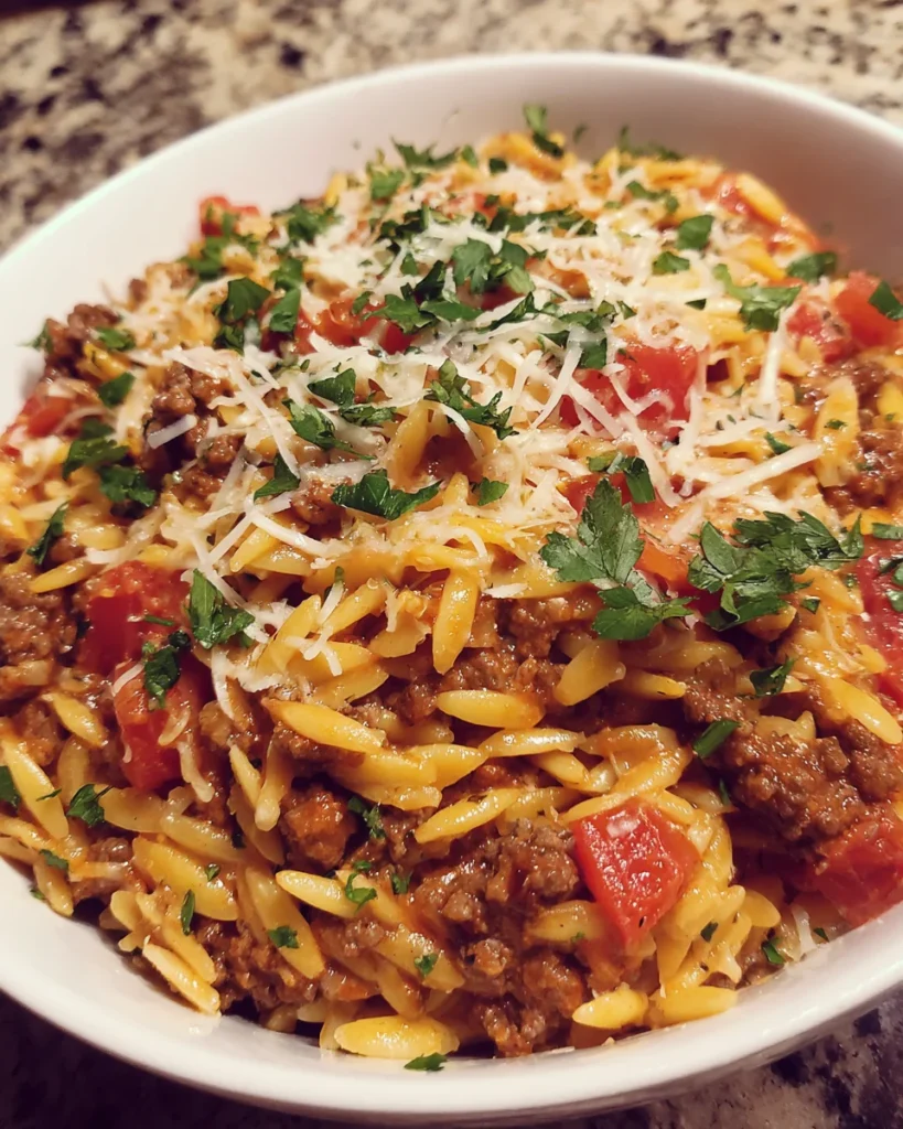 Ground Beef Orzo With Tomato Cream Sauce for Dinner Delight!