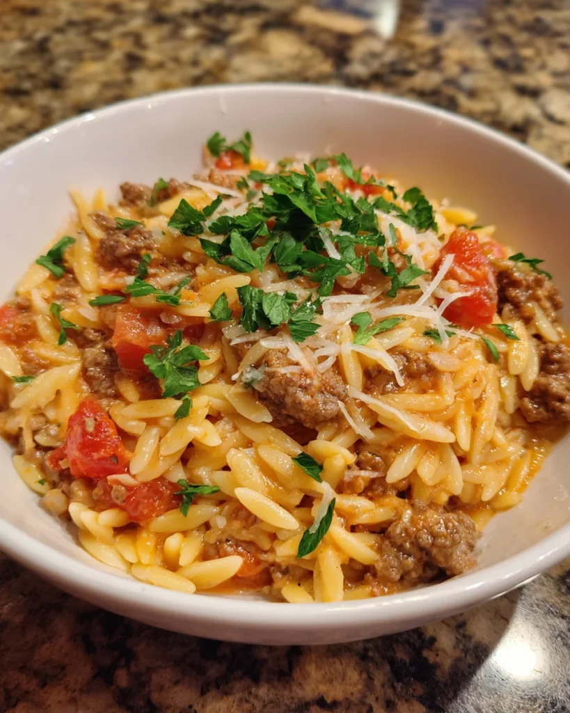 Ground Beef Orzo With Tomato Cream Sauce for Dinner Delight!